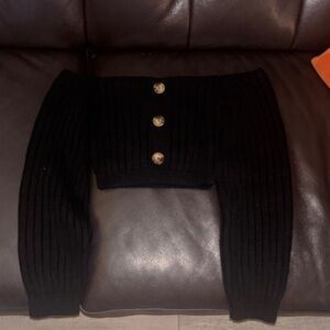Black Ribbed Off-Shoulder Sweater with Buttons